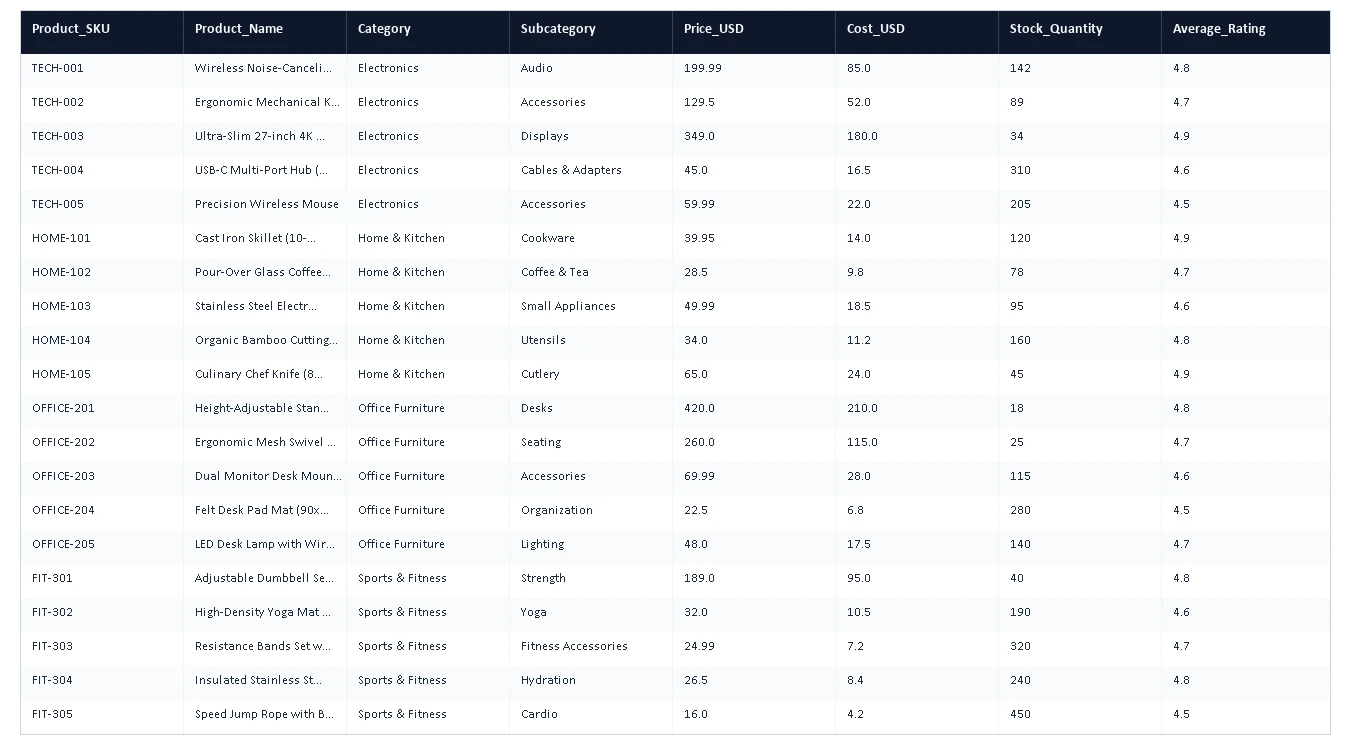 Sample E-Commerce Products Catalog Dataset CSV Page 1 Preview
